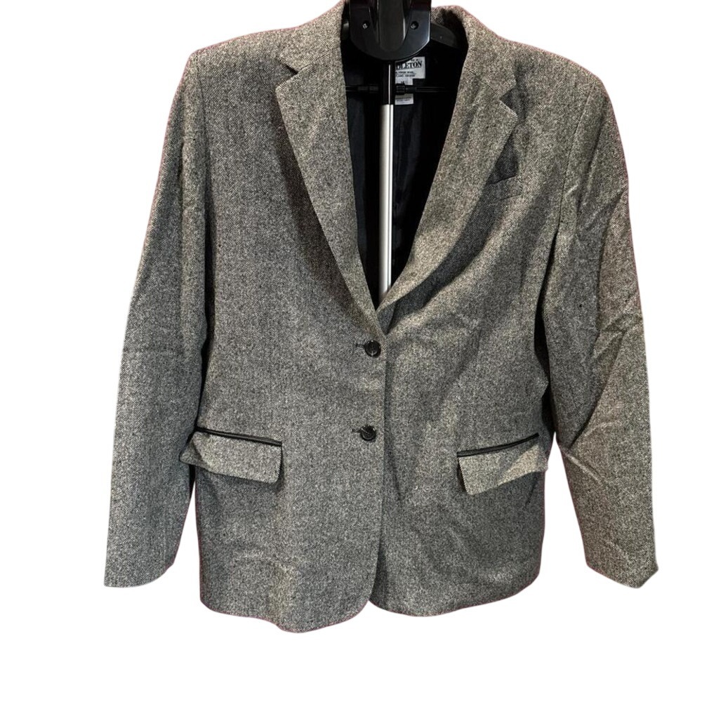Pendleton Virgin Wool Herringbone Blazer Jacket Gray Black Womens Size 16‎ USA